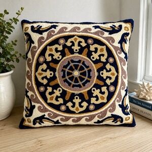 Vintage Greek Suzani Embroidered Nautical Throw Pillow 15x15 Dolphins